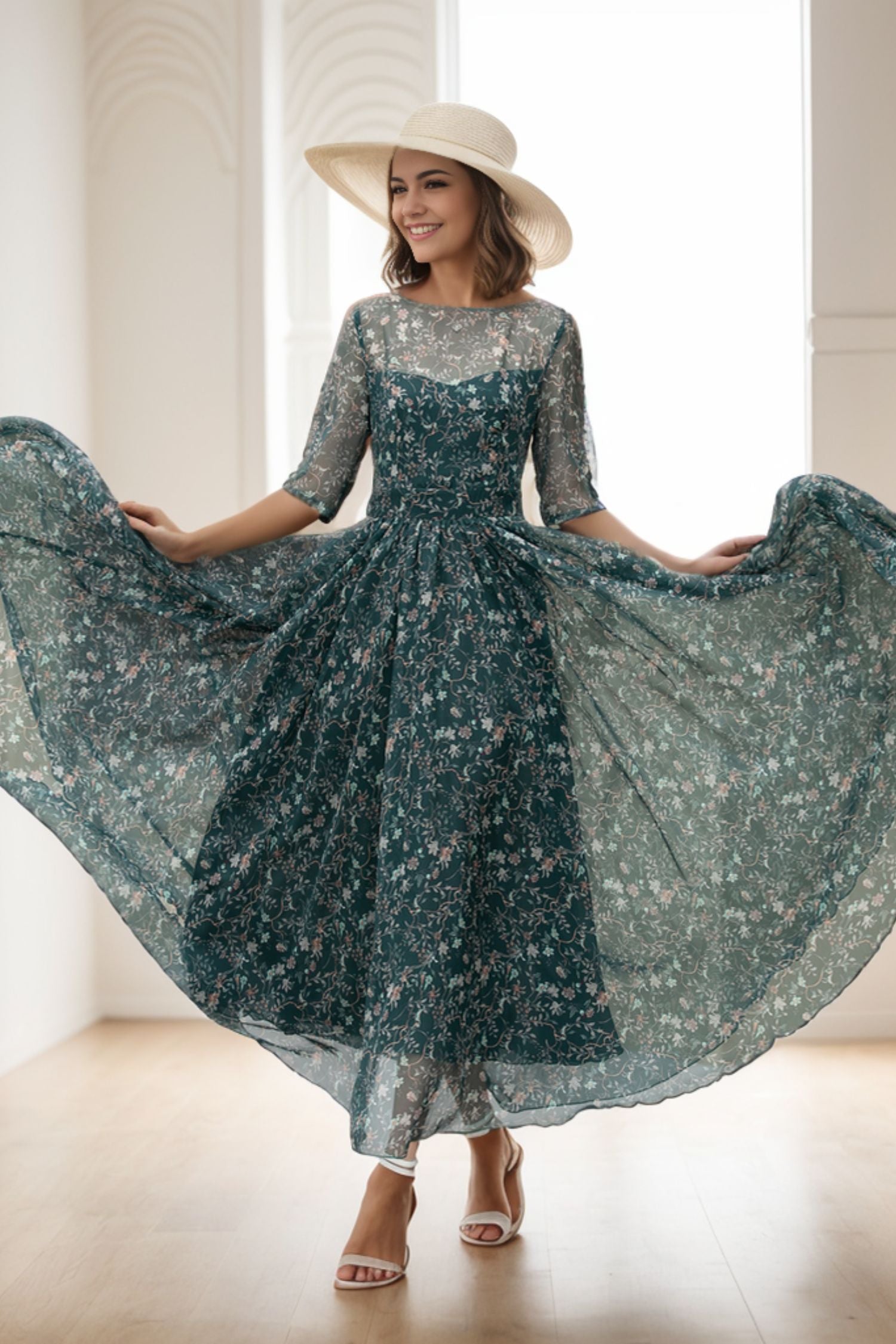 Floral Chiffon Swing Dress | Boat Neck Maxi Prom Gown Xiaolizi Floral Chiffon Swing Dress | Boat Neck Maxi Prom Gown Xiaolizi