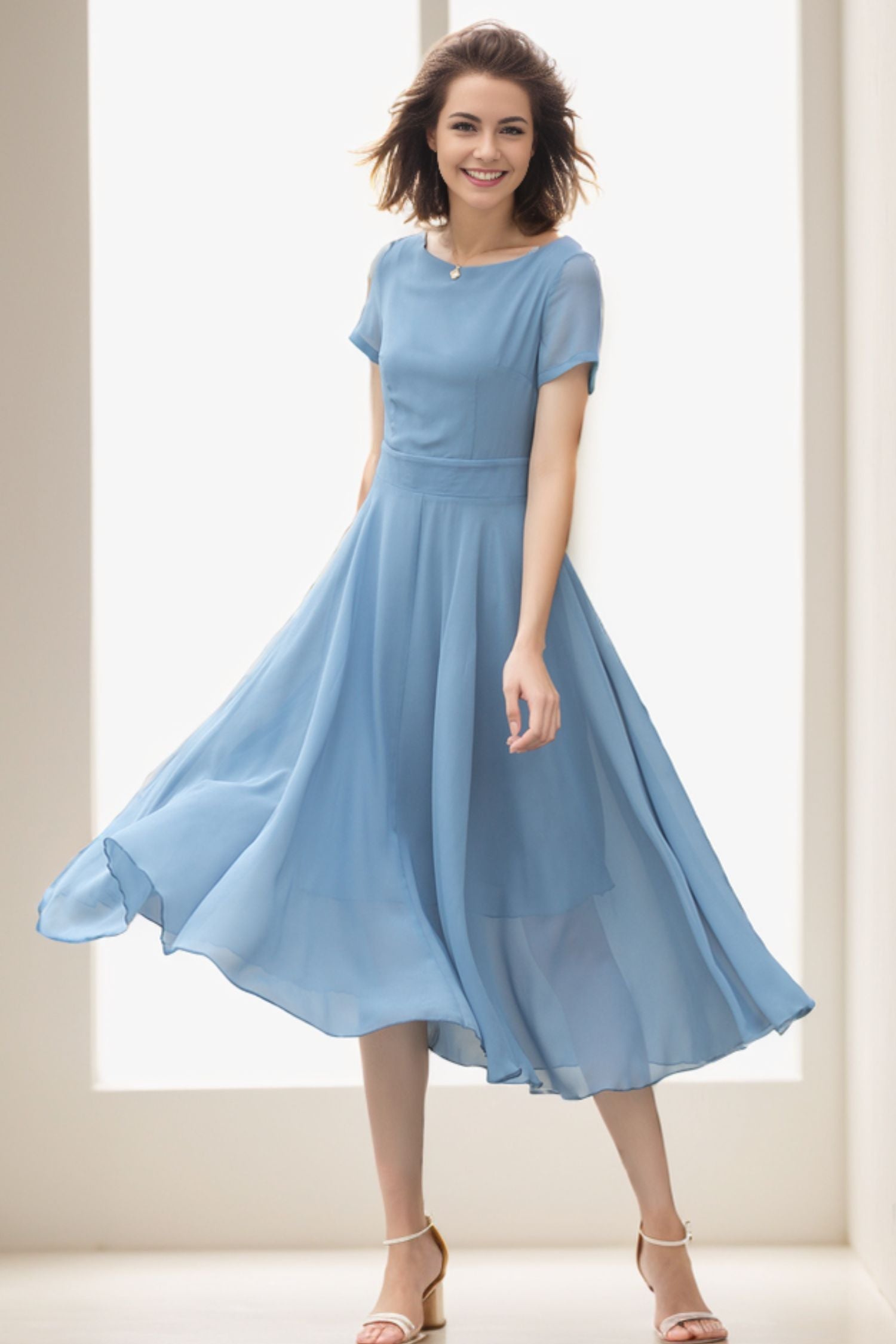 Handmade Blue Chiffon Midi Dress Vintage Fit and Flare Summer Dress | Xiaolizi 5115 Blue / XS Handmade Blue Chiffon Midi Dress Vintage Fit and Flare Summer Dress | Xiaolizi 5115 Blue / XS