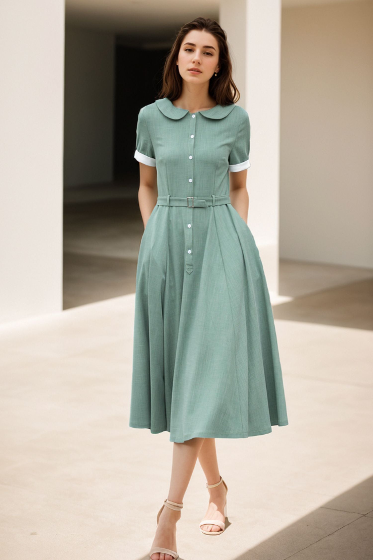 Green Linen Midi Dress Vintage Belted Summer Shirt Dress Green / XS Green Linen Midi Dress Vintage Belted Summer Shirt Dress Green / XS