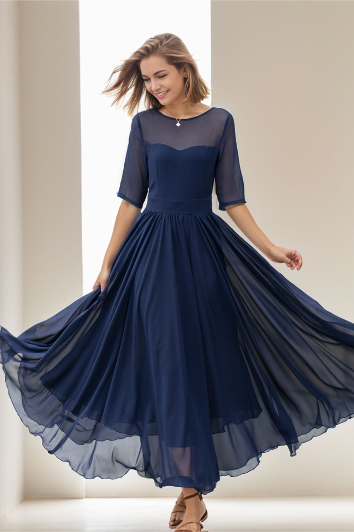 Fit and Flare Dark Blue Chiffon dress 5143 Xiaolizi Fit and Flare Dark Blue Chiffon dress 5143 Xiaolizi