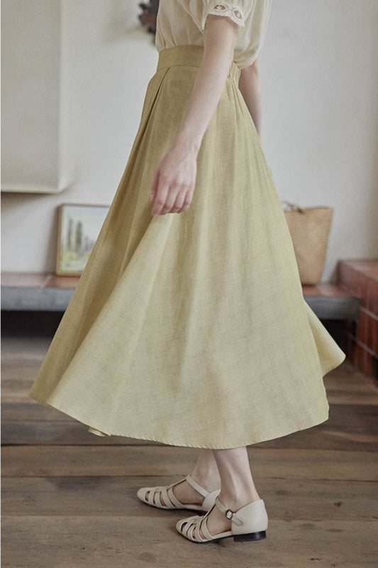 Beige Linen Midi Skirt - High Waist Pleated A-Line 4356