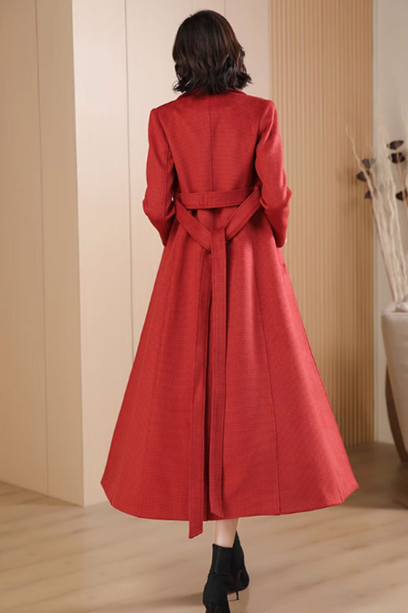 Red Wool Blend Long Coat - Double-Breasted with Belt Waist 4708