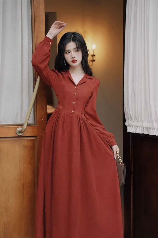 Long sleeves midi autumn shirt dress women 4803