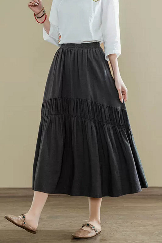 Dark Grey Linen Midi Skirt - Elastic Waist Tiered Design 4350