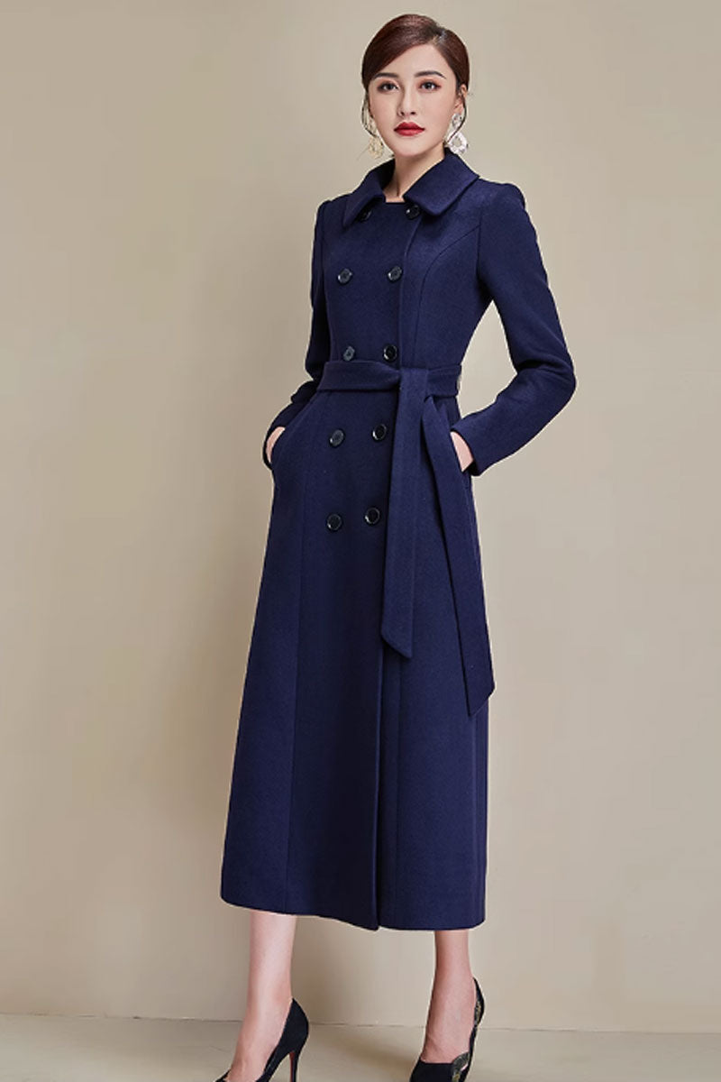 Navy Wool Long Coat - Double Breasted, Belted Elegance 4688