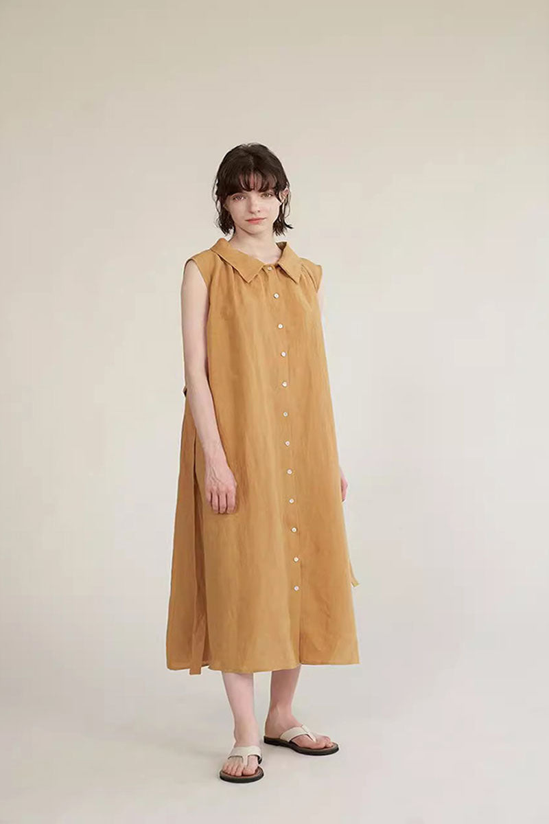 Army Green Linen Sleeveless Dress - Button Front, Lapel Collar 4310