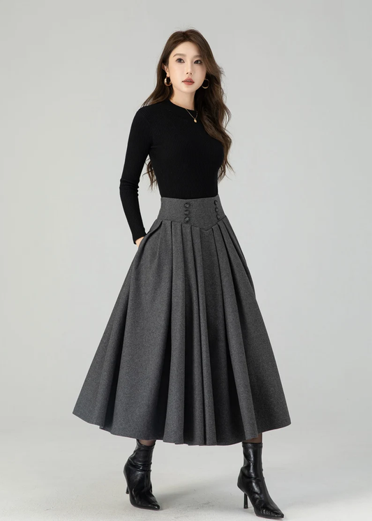 Deep Gray Wool Midi Skirt – Vintage High Waist Pleated Swing Skirt 4552