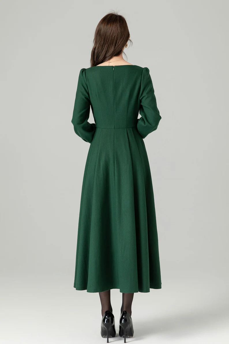 Handmade Emerald Green Wool Midi Dress – Vintage Fit and Flare Winter Dress | Xiaolizi 4492