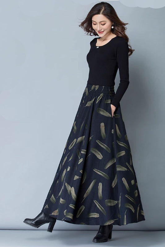 Navy Wool Blend Fit and Flare Maxi Skirt - Feather Print A-Line 4771