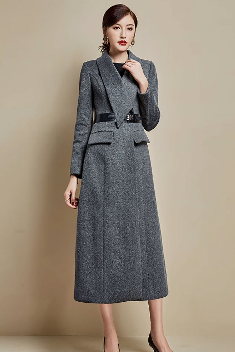 Winter long wool coat with lapel collar 4578