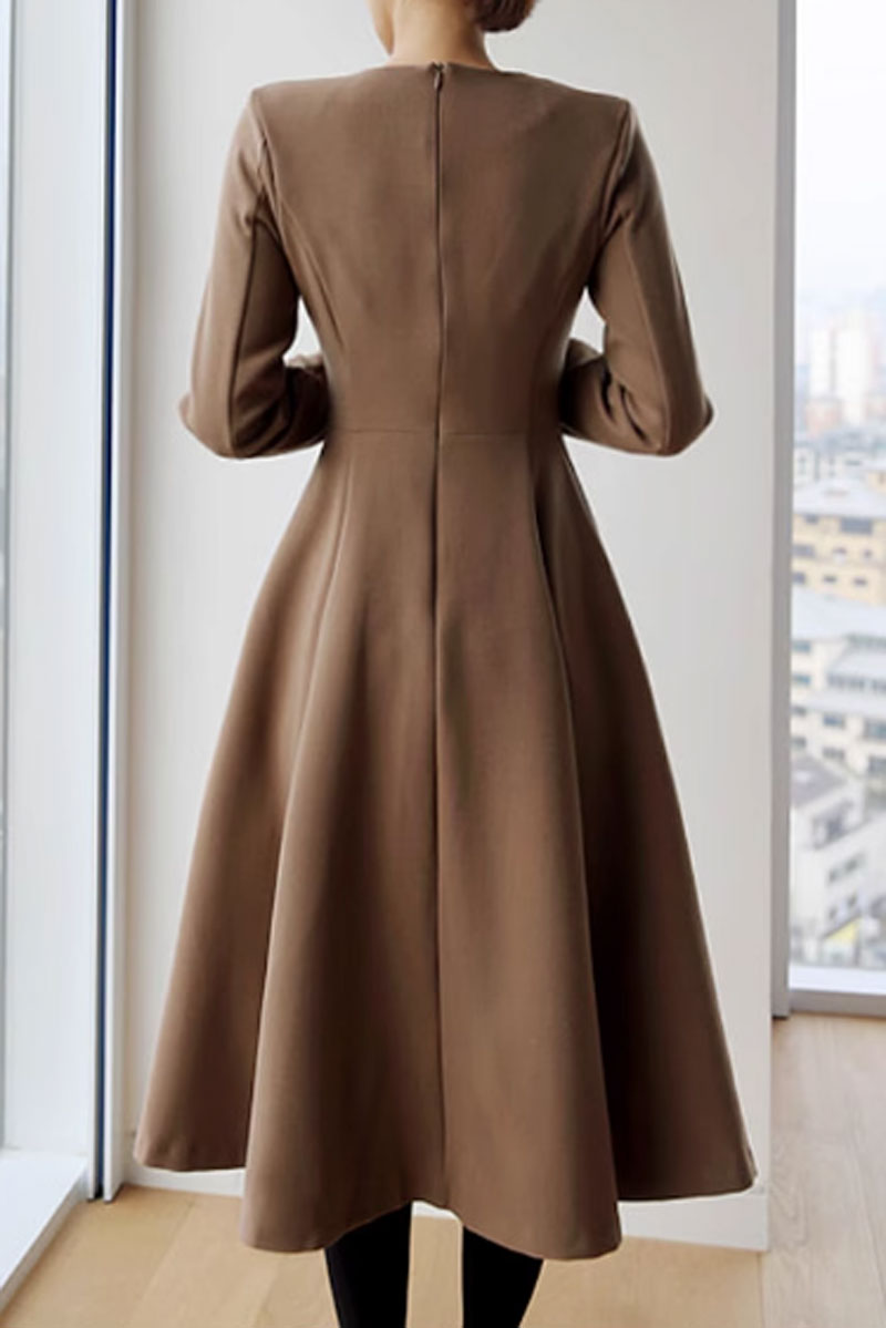 Beige Polyester Midi Dress - Irregular Button Detail with Long Sleeves 4631