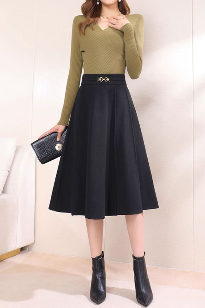 Brown Wool A-Line Midi Skirt - Elegant Winter Essential 4750