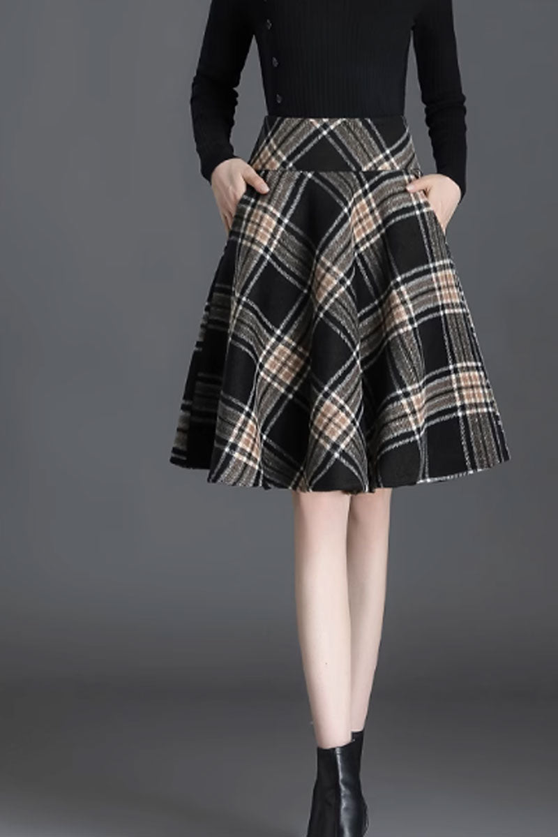 Plaid Wool Skater Skirt - A-Line Silhouette with Pockets 4654
