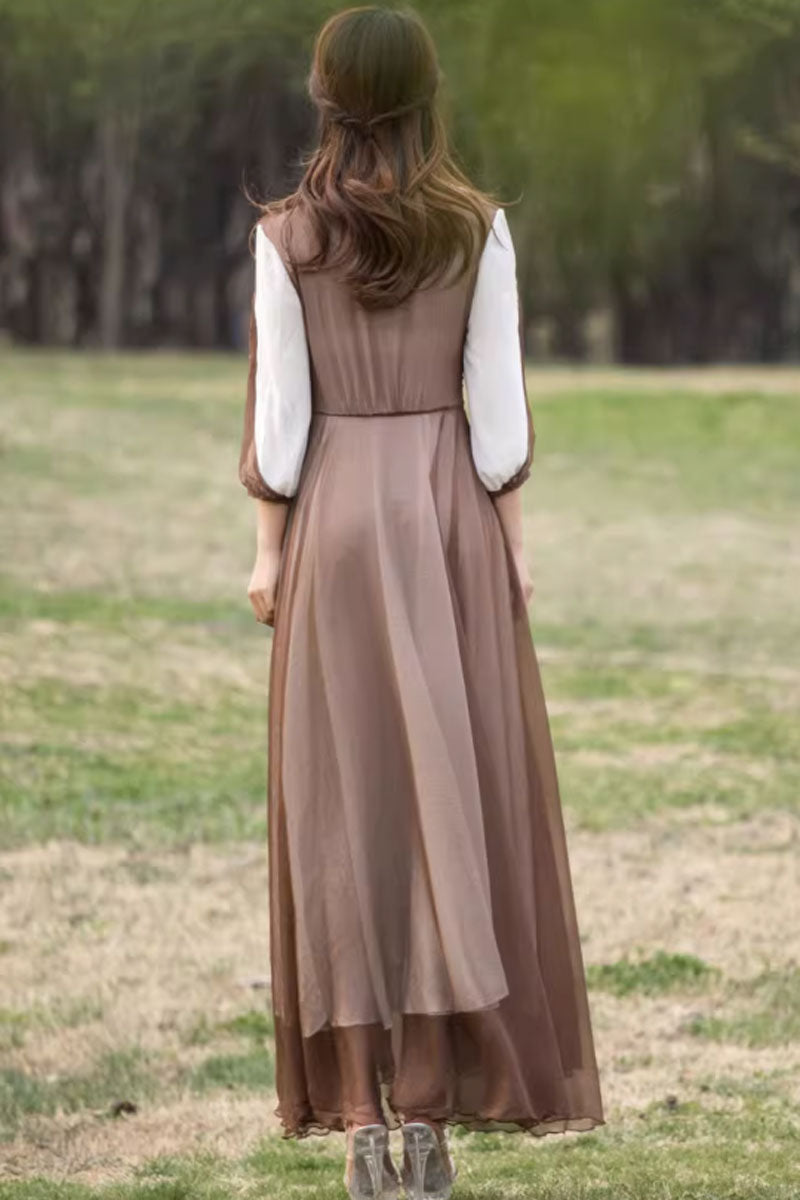 high waisted block color chiffon dress 4459