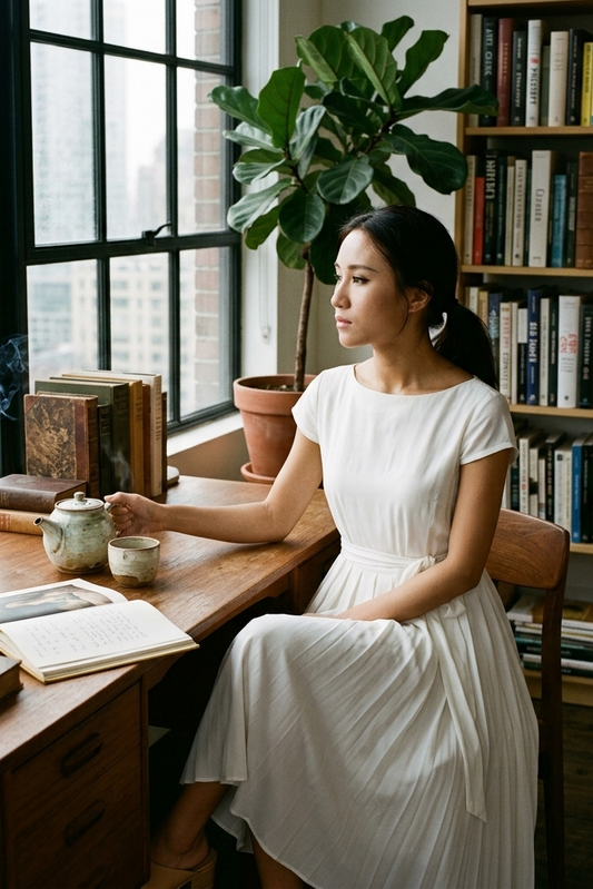 Woman in a white dress sitting at a desk with books and a plant, looking out a window.