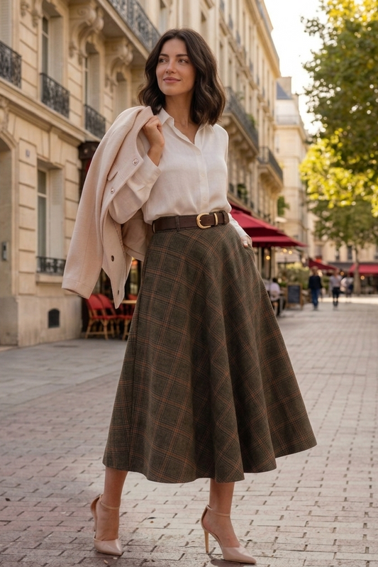 Brown Plaid Wool Maxi Skirt – Vintage High Waist Winter Long Skirt with Pockets 3102