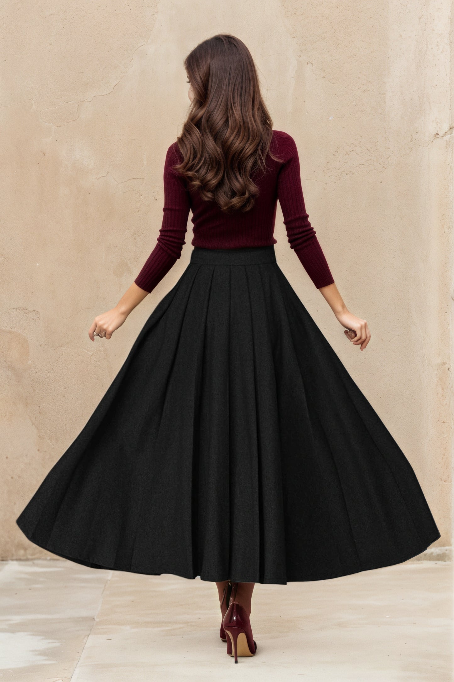 Black Wool Blend A-Line Skirt – Handmade Irregular Hem Midi | Xiaolizi 6514