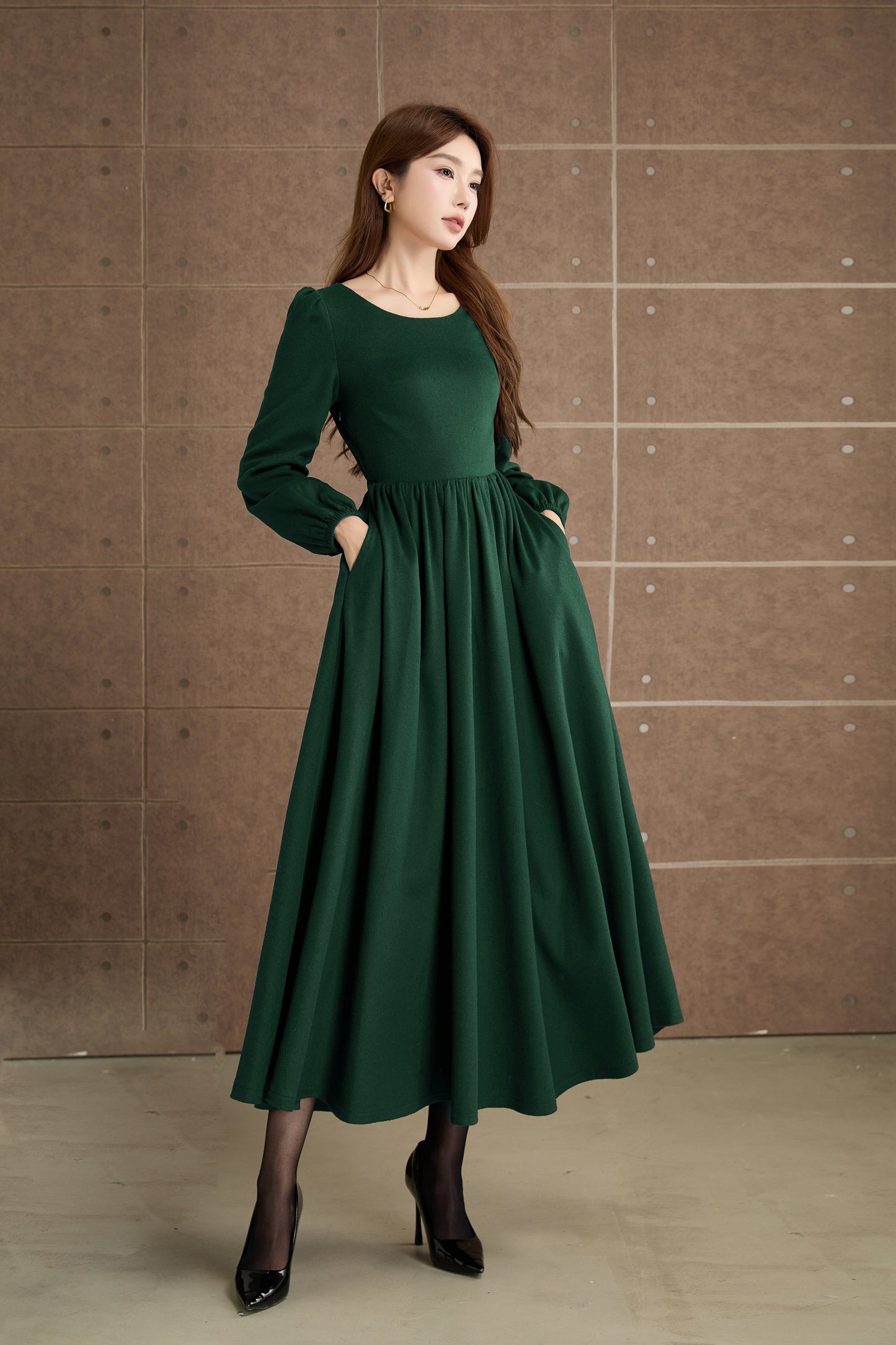 Burgundy Wool Maxi Dress – Elegant Vintage Long Sleeve Winter Dress with Pockets 5359
