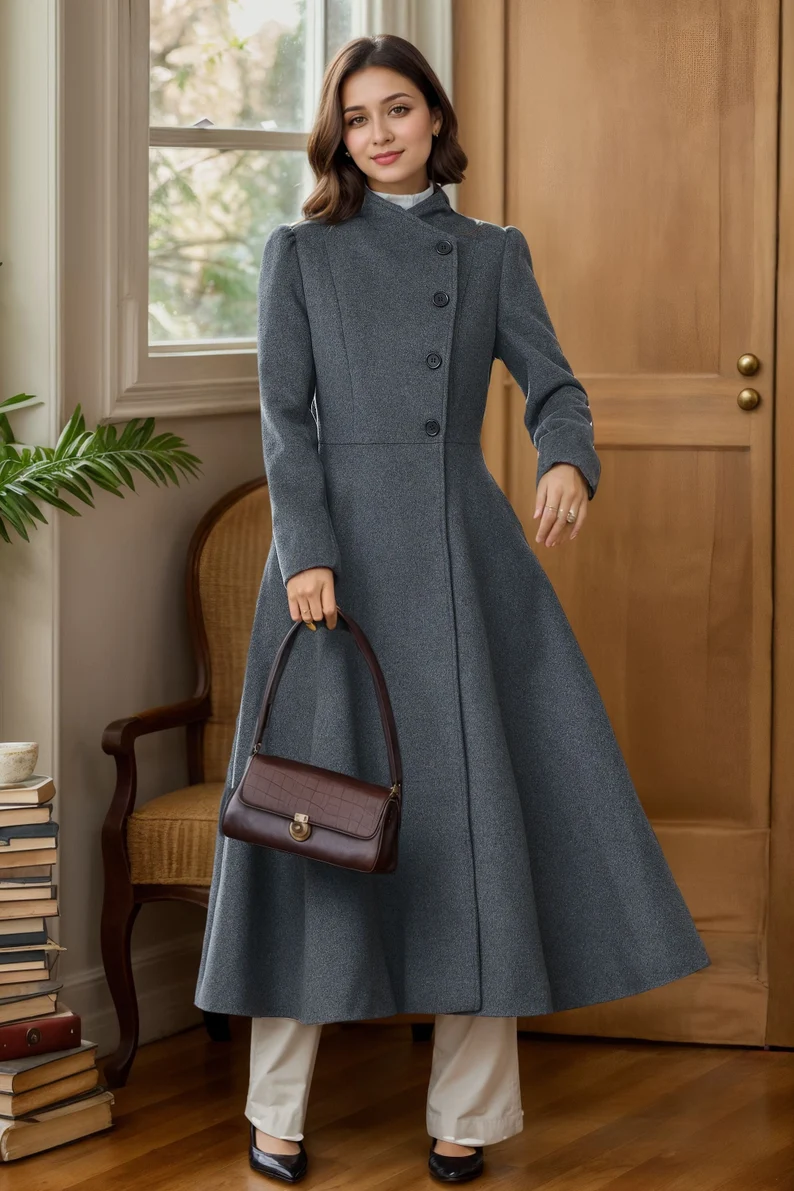 Dark Gray Wool Long Coat Vintage A-Line Winter Overcoat 4027 Grey / XS Dark Gray Wool Long Coat Vintage A-Line Winter Overcoat 4027 Grey / XS