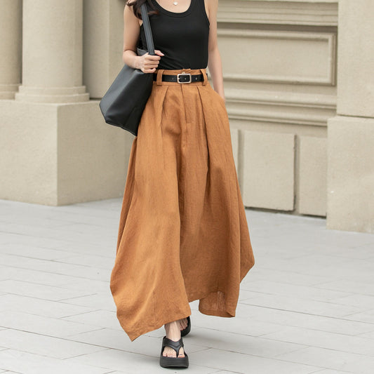 Camel Linen Skirt – Handmade High Waist Long Summer Skirt | Xiaolizi 4941