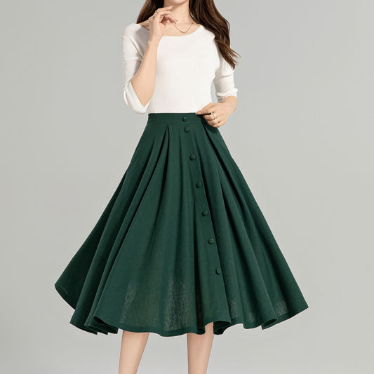 Dark Green Button-Down Linen Midi Skirt – A-Line, Pockets, Elastic Back | Xiaolizi 4963