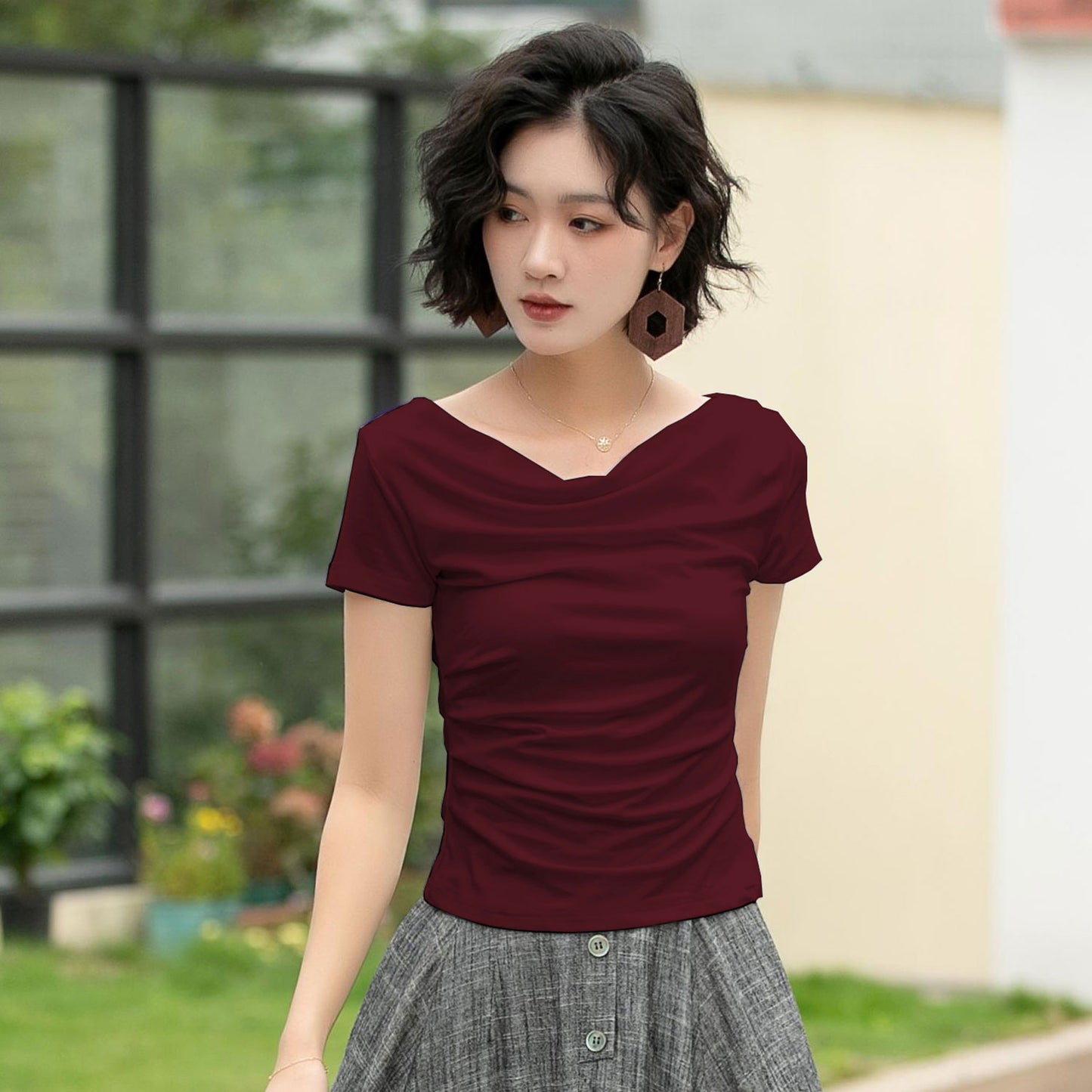 White Cotton Knit Top - Draped Neckline, Slim Fit 6057