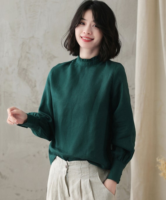 White Linen Blouse - Frill Mock Neck with Lantern Sleeves 3344