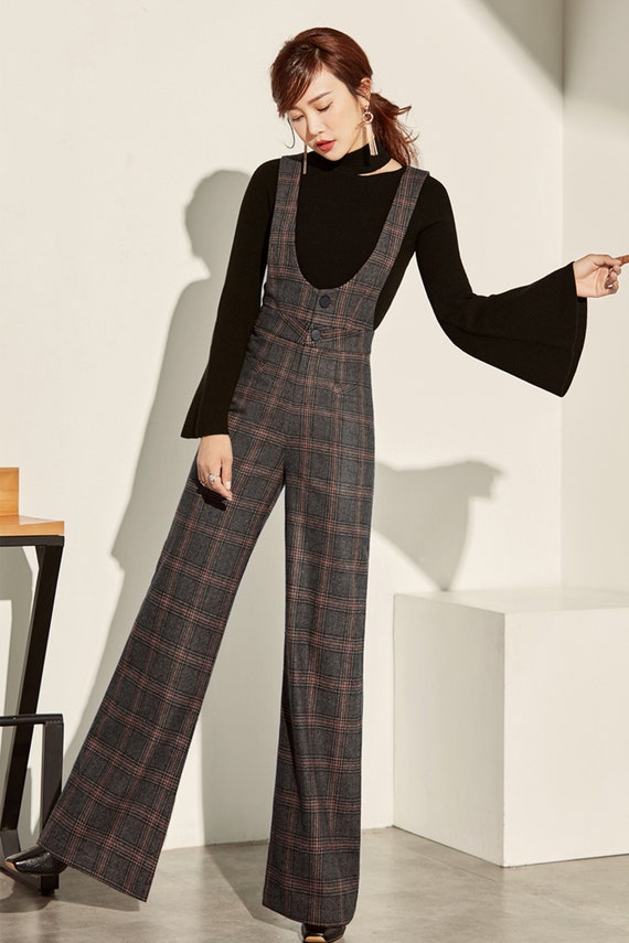 Gray Wool Suspender Pants - High Waist Straight-Leg Vintage 3964