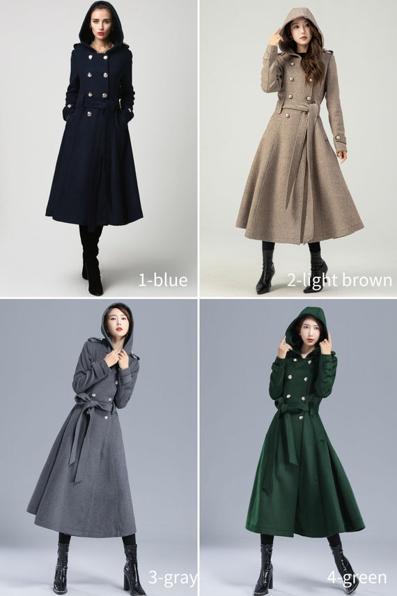Beige Wool Long Coat - Double Breasted Military Style with Hood 4513