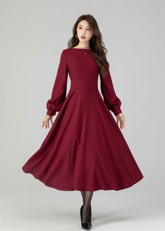 Green Wool Midi Dress - Fit and Flare Swing with Lantern Sleeves 5396