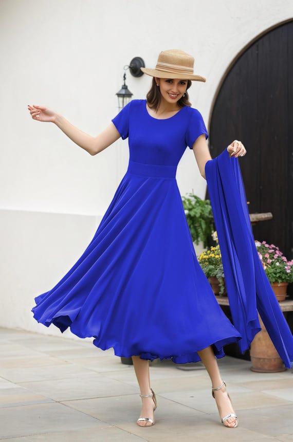 Purple Chiffon Midi Dress - Flowy Fit and Flare with Scarf 2720
