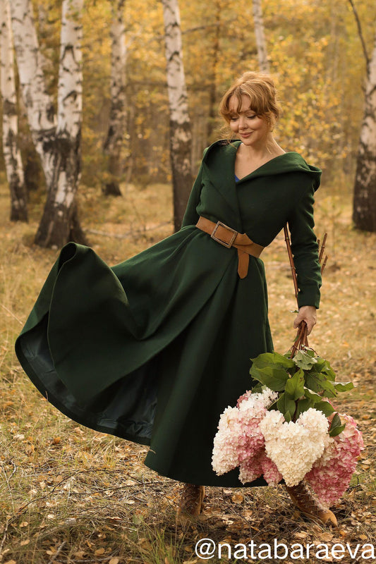 Green Hooded Wool Coat: Oversize Fit & Flare Winter Outerwear, Custom, Xiaolizi 6489