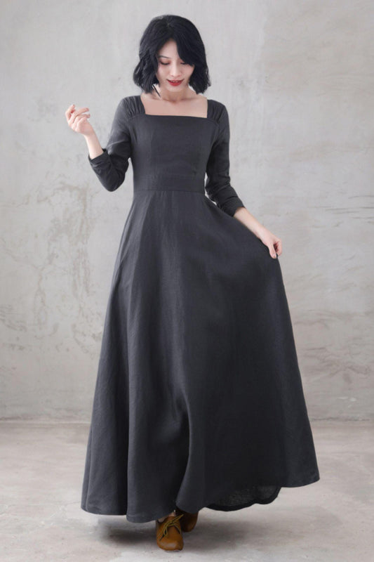 Gray Linen Maxi Dress: Square Neck Long Sleeve Flared Dress, Custom, Xiaolizi 6669