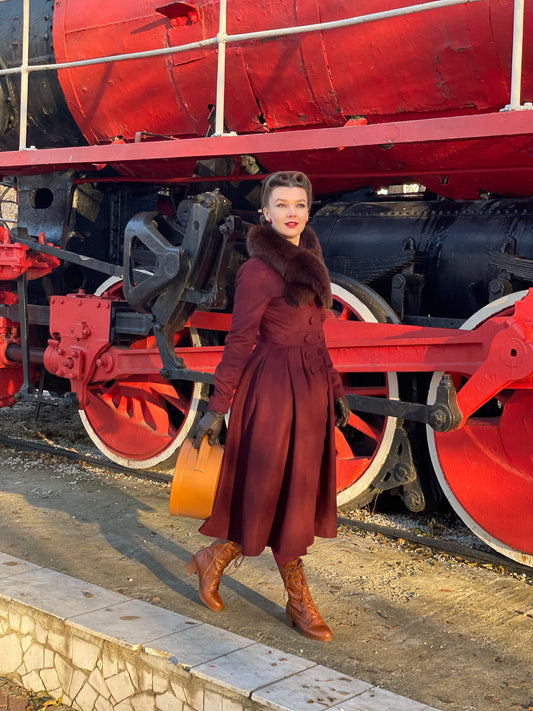 Burgundy Wool Princess Coat – Handcrafted Vintage Fit and Flare Long Winter Coat 4724