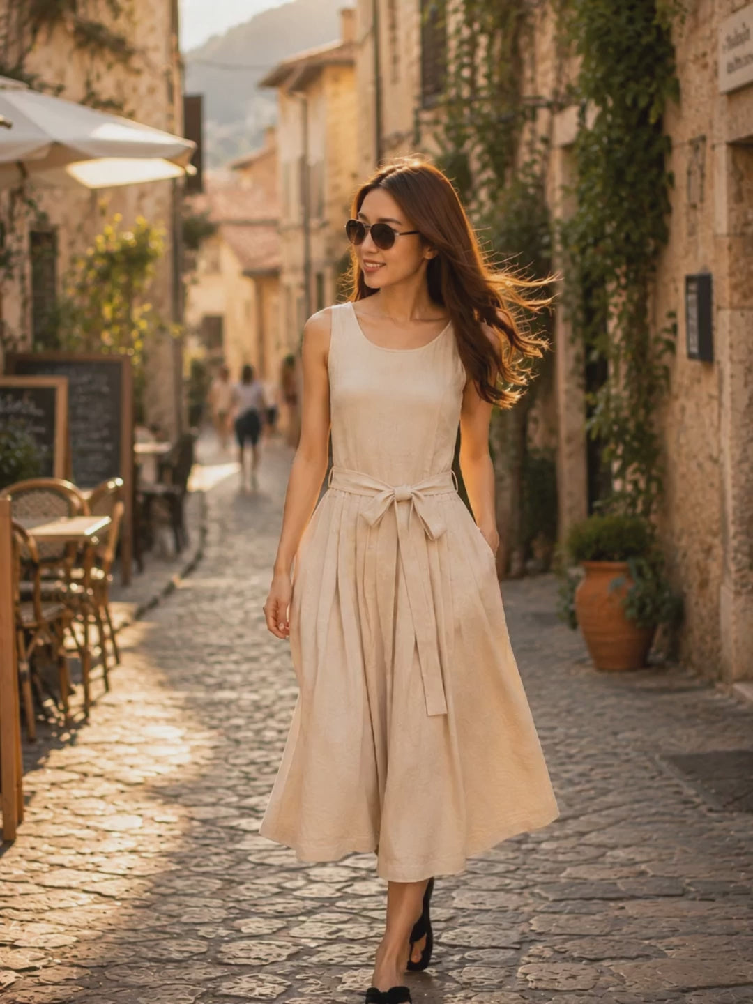 Beige Linen-Cotton Sleeveless Maxi Dress with Pleated Drop Waist