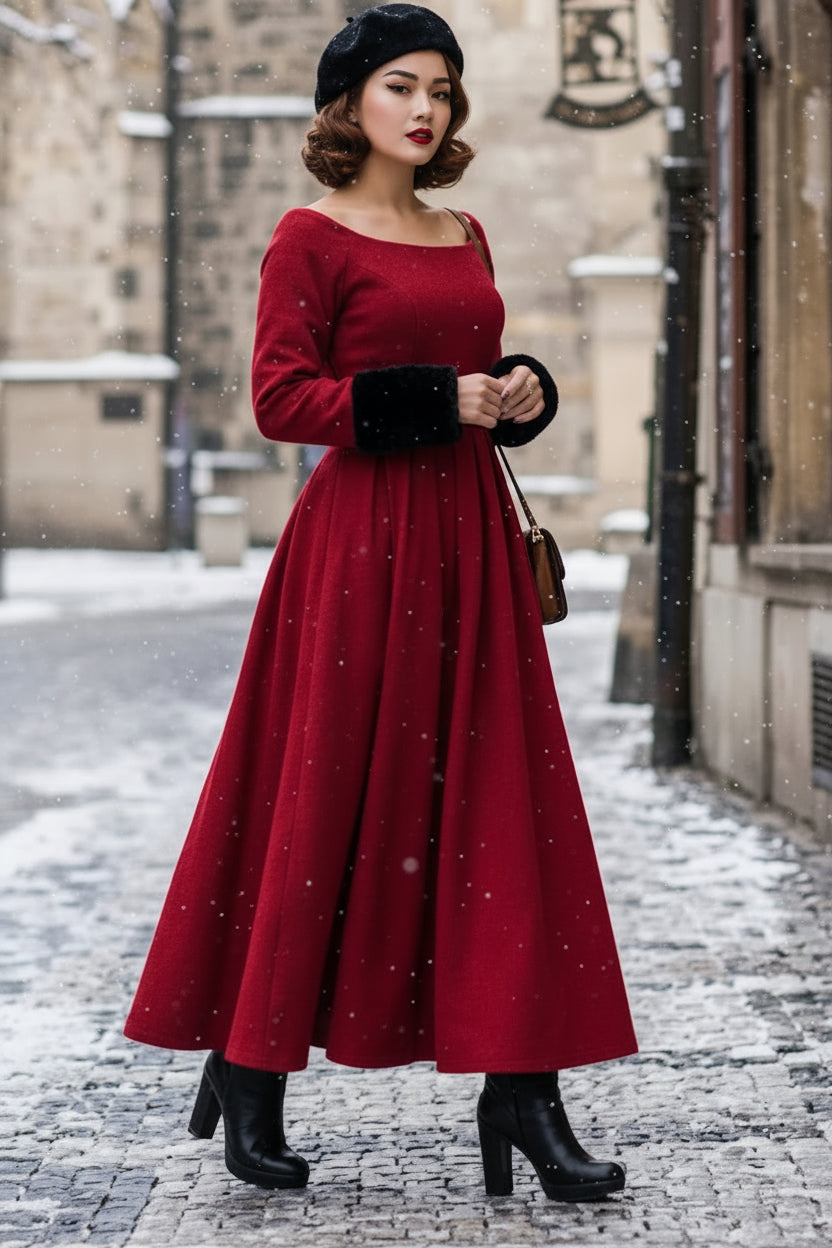 Red Wool Maxi Dress with Fur Cuffs & Wide Neckline