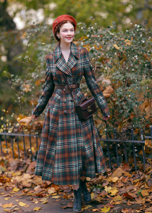 British Heritage Plaid Wool Coat – Elegant Long Winter Overcoat for Women 4730