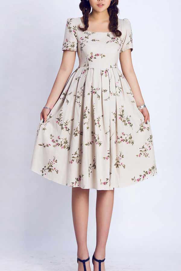 Floral Linen Cotton Midi Dress | A-Line, Scoop Neck Xiaolizi Floral Linen Cotton Midi Dress | A-Line, Scoop Neck Xiaolizi
