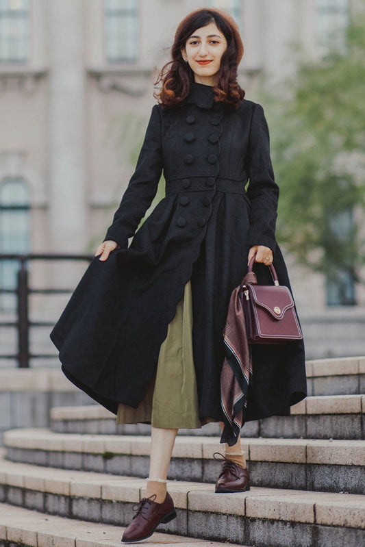 Women’s Black Wool Midi Coat – Handmade Fit and Flare Elegant Style | Xiaolizi 3220