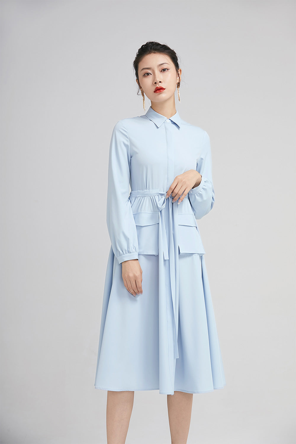 light blue spring dress for women with long sleeves and pockets 2229 Xiaolizi light blue spring dress for women with long sleeves and pockets 2229 Xiaolizi