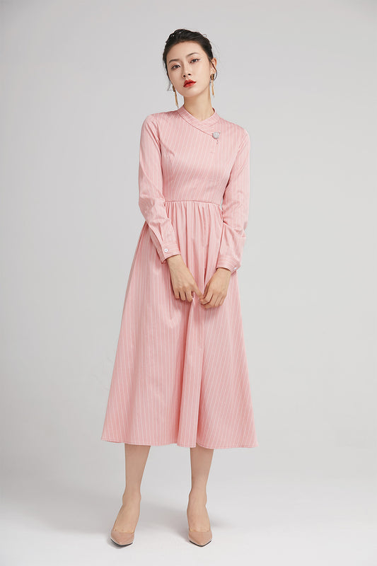 Pink Striped Polyester Midi Dress - Long Sleeves with Snap Button Detail 2230