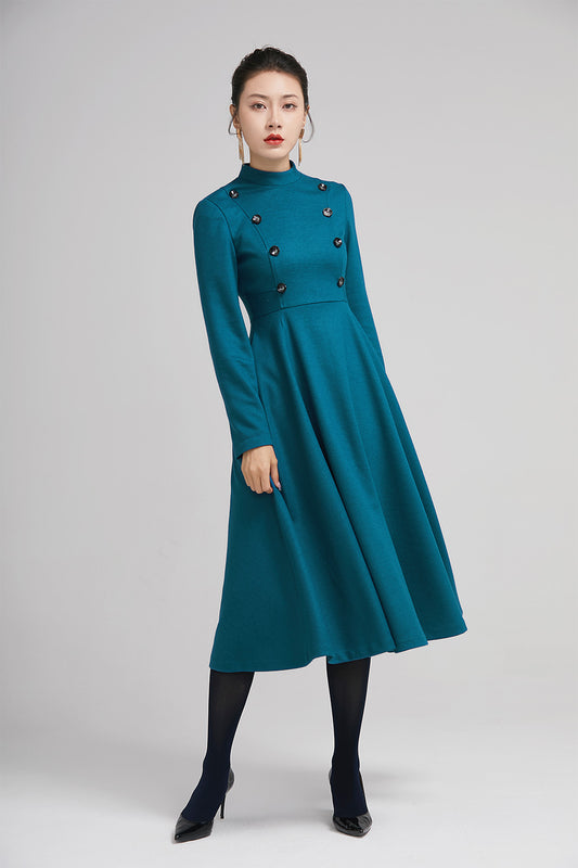 winter wool long fit and flare warm dress for women 2232