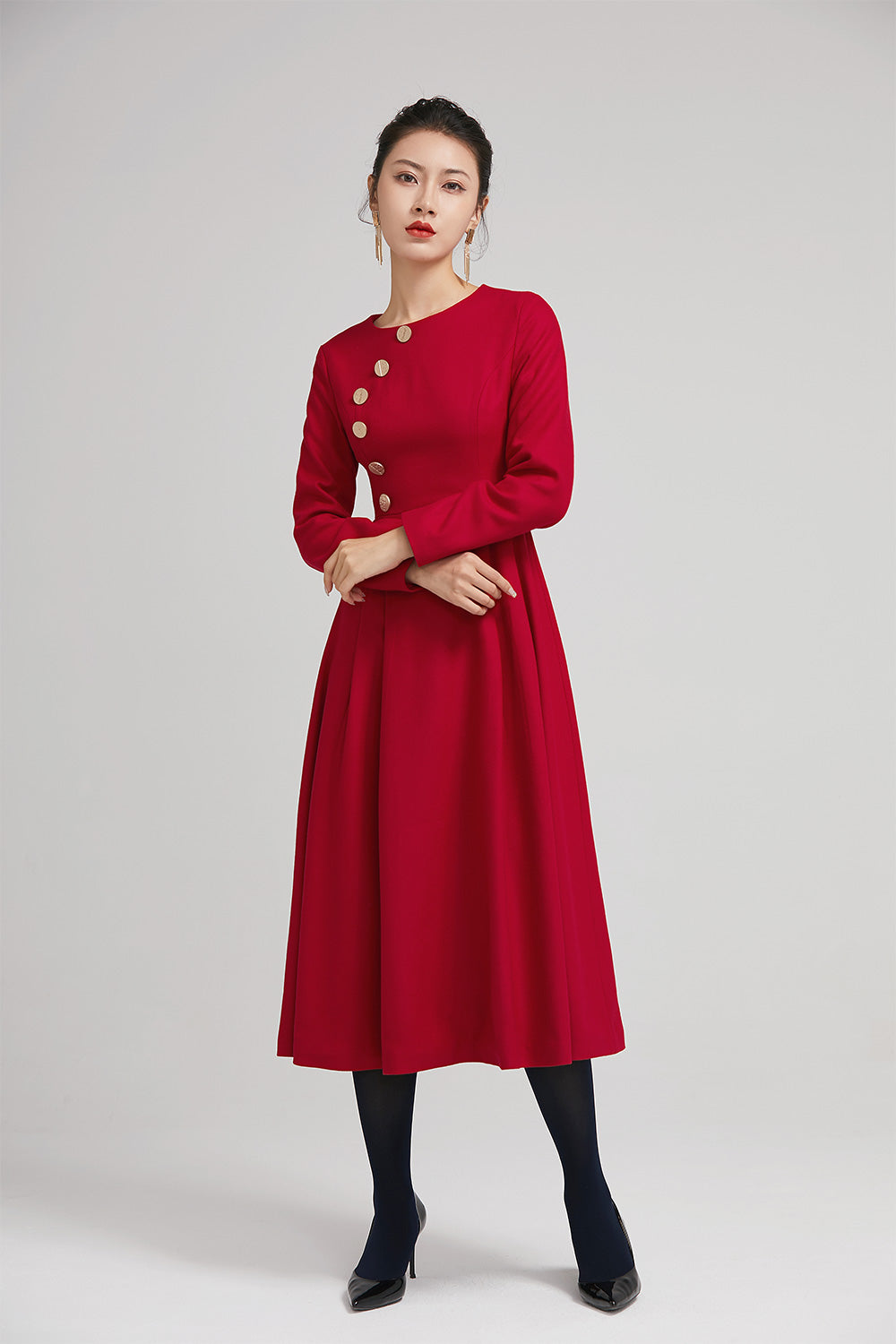 red warm winter midi pleated dress with button 2234 – Xiaolizi