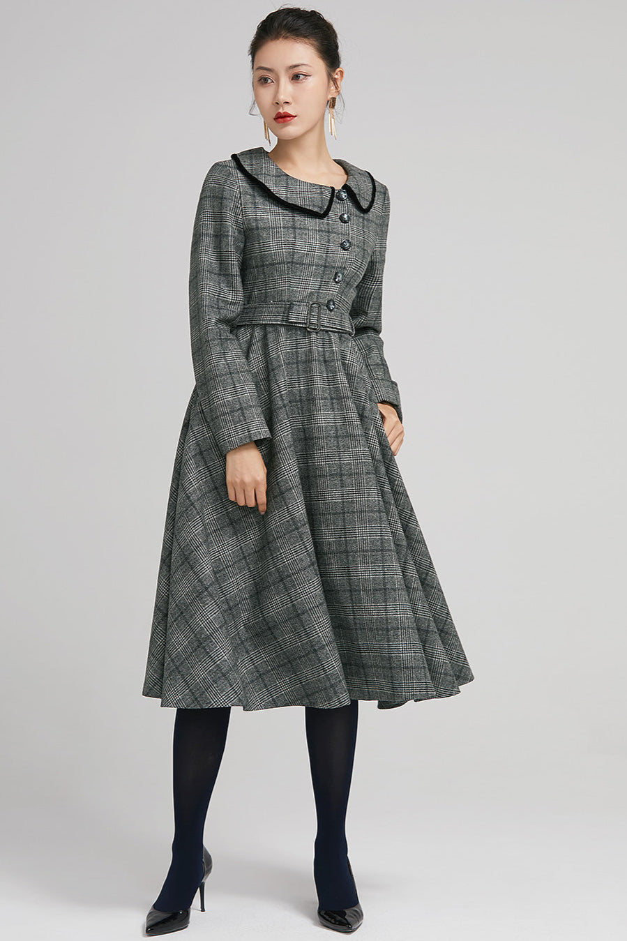 Plaid Wool Midi Dress Vintage Grey Fit & Flare with Belt 2235 Grey / M Plaid Wool Midi Dress Vintage Grey Fit & Flare with Belt 2235 Grey / M