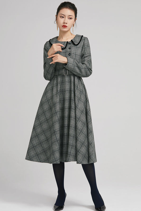 Plaid Wool Vintage Dress – Handmade Grey Fit & Flare Midi with Belt 2235