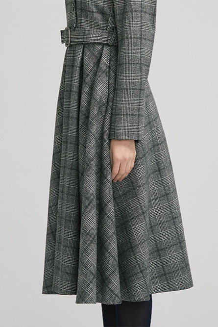 Plaid Wool Vintage Dress – Handmade Grey Fit & Flare Midi with Belt 2235