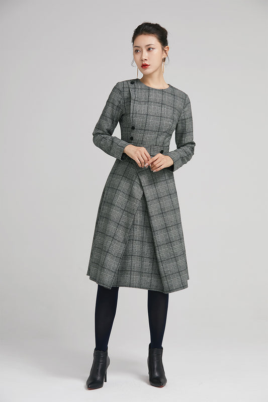 Retro winter wool plaid dress with long sleeves 2236