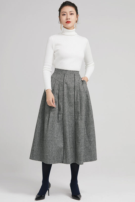 Gray Wool Pleated Midi Skirt with Pockets | Winter A-Line Skirt 2243