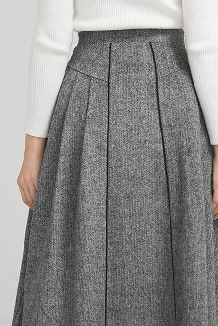 Gray Wool Pleated Midi Skirt with Pockets | Winter A-Line Skirt 2243