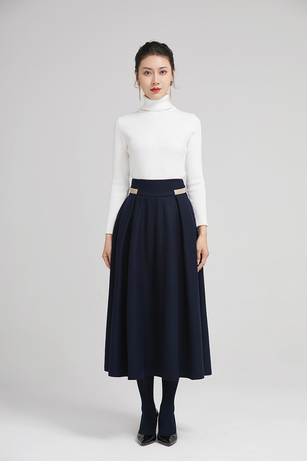 blue wool winter pleated skirt for women with wide waist band 2245